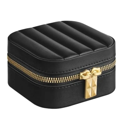 Bild av Songmics Home Anah Collection Resesmyckeskrin, litet smyckeskrin, organiserare med spegel, 10,5 x 6 cm, PU yta sömnad, bärbar, blixtlås, presentidé, bläcksvart, JBC179B01