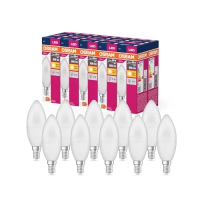 Bild av OSRAM LED stjärnvärde Klassisk B60 lampa för E14 bas, ljusform, FR, 806 lumen, varm vit (2700K), ersättning konventionella 60W glödlampor, inte dimbar, 10 pack