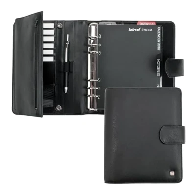 Bild av bind chefsplanerare A5 mötesplanerare systemplanerare timer arrangör kalender 1 vecka = 2 sidor, anteckningsbok, adressbok, ringboksinlägg, planerare, timer, nappaläder svart T 500