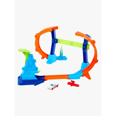 Bild av Hot Wheels banset för leksaksbilar, vänd och hoppa genom korkskruvsloopen med en leksaksbil i skala 1:64, Speed Snap bana adaptrar, går att fälla ihop förvaring, JFH36