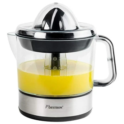 Bild av Bestron elektrisk citrus och apelsinpress, inkl. 2 presskoner aromlock, motor med två rotationsriktningar (vänster/höger), kapacitet: 0,7 liter, 40 watt, färg: Silver, ACJ350Z