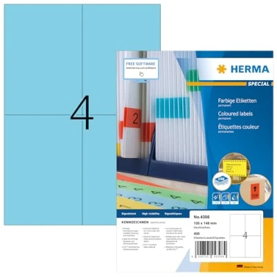 Bild av HERMA 4398 färgade etiketter A4 (105 x 148 mm, 100 ark, papper, matt) självhäftande, utskrivbara, permanenta färgetiketter, 400 klistermärken, blå