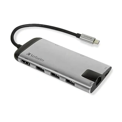 Bild av Verbatim USB C multiport adapter, hubb med 3.0, HDMI 4K, SD/microSD, Gigabit Ethernet och snabbladdningsport, adapter för bärbar dator Macbook, multimediaadapterkontakt
