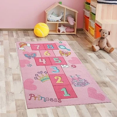 Bild av CARPETIA hopplåda barnlekmatta med hjärtan krona och prinsessor slott i rosa, 80 x 150 cm