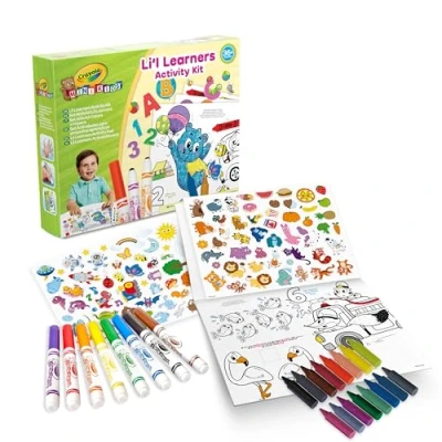 Bild av Crayola Mini Kids, färgset för barn med klistermärken barn, innehåller 8 markörer och 16 vaxkritor, giftfria markörer, Toddler Wax Crayons, tvättbara färger, färgpennor