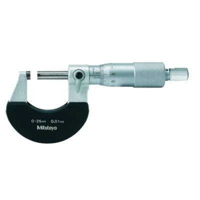 Bild av Mitutoyo 102301 yttre mikrometer, värmeisolerad ram, spärrstopp, 025 mm räckvidd, 0,01 gradering, +/ 0,002 noggrannhet