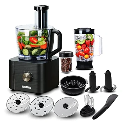 Bild av TopStrong Matberedare 1100W, multifunktionell matberedare, 11 funktioner mathackare, 3,2L skål &amp; 1,5L behållare, minihackare, uppgraderingsskärskiva, citruspress, knådningshackare Grå