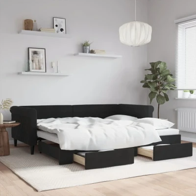 Bild av vidaXL Dagbädd utdragbar med lådor svart 90x200 cm sammet
