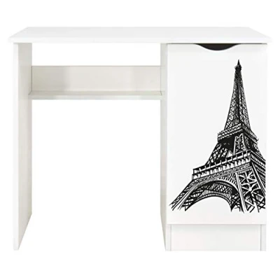Bild av Leomark Vitt barnskrivbord UV tryck Eiffeltornet skrivbord, datormöbelset, laptopbord, Barnstudiebord, träskrivbord för hem/kontor, modern stil, lärande och spelbord, höjd: 77 cm