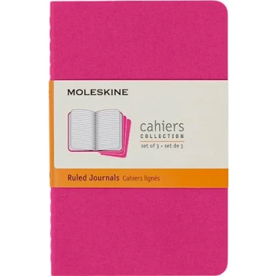 Bild av Moleskine Cahier Journal, set med 3 anteckningsböcker linjerade sidor, kartongskydd synlig bomullssömnad, färg kinetisk rosa, ficka 9 x 14 cm, 64 sidor