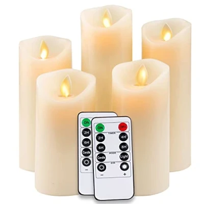 Bild av VIPNAJI LED ljus, flamlöst dekorativt äkta vaxljus set om 5 st (13 cm, 14 16 18 20 cm Brumpljus, realistiskt flimrande flammor, med fjärrkontroll, timerfunktion (Ivory)