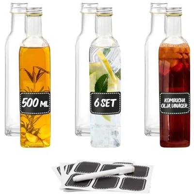 Bild av 6 Glasflaskor 500 ml Fyrkantig Skruvkork Tomma flaskor för fyllning etiketter med penna olja, vinäger, juice och lemonad