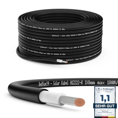 Bild av RedStar24 Premium Solkabel 6mm² Svart 10m UV beständig, flexibel, solcellskabel, PV kabel, anslutningskabel för solpaneler, växelriktare och laddningsregulatorer hållbar