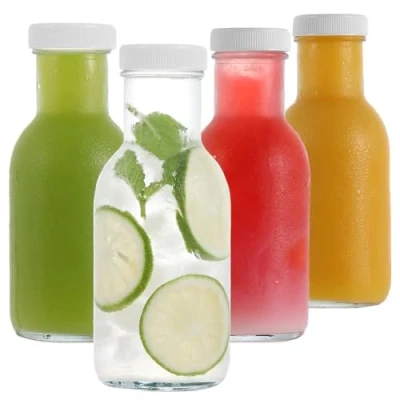 Bild av LIMILI Glasjuiceflaskor med lock, 4 pack 250 ml återanvändbara glasflaskor mejeridricksflaskor klara för hemmagjorda drycker picknick resa skola