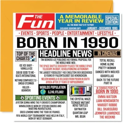 Bild av 34:e födelsedagskort för män kvinnor född 1990 tidning Happy 34 bror syster vänner vintage retro tillbaka 1990, 145 mm x trettiofyra födelsedag