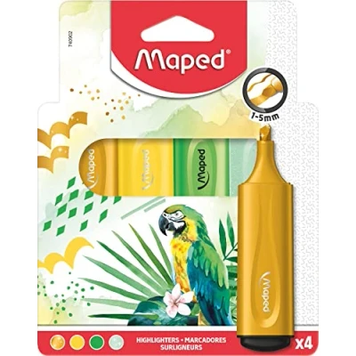 Bild av Maped extra mjuk, flexibel överstrykningspenna FLUO PEPS TEMEN x 4 perfekt markeringsresultat, även på ojämna ytor klämma locket 3 olika ämnen: Ocean, Tropisk, Sunset, färgglada