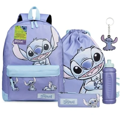 Bild av Disney Stitch ryggsäck skolmaterial set 5 delar med simning väska pennfodral vattenflaska och nyckelring tillbaka till skolan stygn gåvor, Blå/lila, Backpack: 40x29x13cm, String Bag: 33x28cm