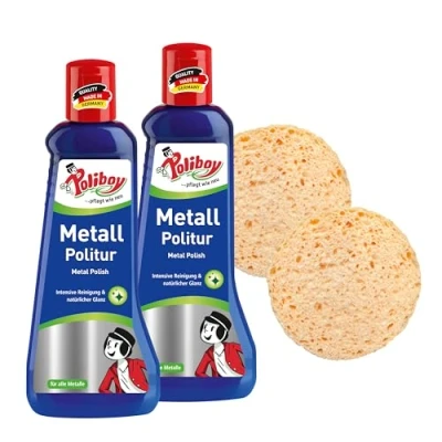Bild av POLIBOY Metallpolering polermedel för glänsande metaller metallvårdsprodukter med missfärgningsskydd 2 x 200 ml svamp Made in Germany