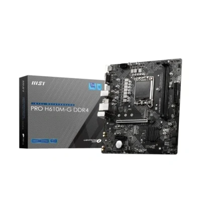 Bild av MSI PRO H610M G DDR4 moderkort, Micro ATX stöder Intel Core processorer 12:e generationen, LGA 1700, 2 x DIMMs (3200MHz), 1x PCIe 4.0 16 plats, 1 M.2 Gen3, 1G LAN, HDMI 2.1, DP 1.4 och VGA