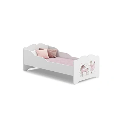 Bild av KOBI Anna vit barnsäng med rosa enhörning och ballerina 160 x 80 cm liten flicksäng barnsängar madrass ram babyrummet enkelsäng barriär