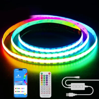 Bild av PAUTIX USB RGB Smart IC COB LED remsa 2m, 5V 360LEDs Färgskiftande pixeladresserbara Tape Lights, Music Sync APP Kontroll för TV skåp Spegel Sovrum Kök DIY belysning