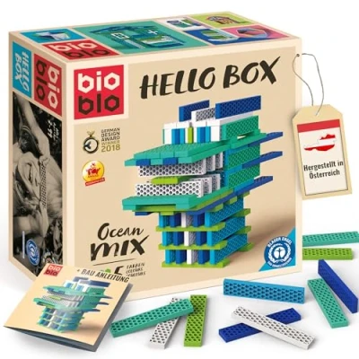 Bild av Bioblo Hello Box Ocean Mix med 100 byggklossar Hållbara för barn från 3 år träbyggklossar barnleksaker Montessori