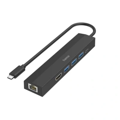 Bild av Hama USB C hubb med flera portar (6 i 1 adapter: 3 A, Power Delivery PD, HDMI, Ethernet, dockningsstation för bärbar dator/surfplatta MacBook Pro, Air, iPad Dell och XPS)