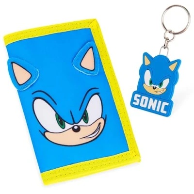 Bild av Sonic The Hedgehog pojkar plånbok med nyckelring för barn kortplatser och myntficka dragkedja spelgåvor pojkar, blått/gult, One Size, Modern