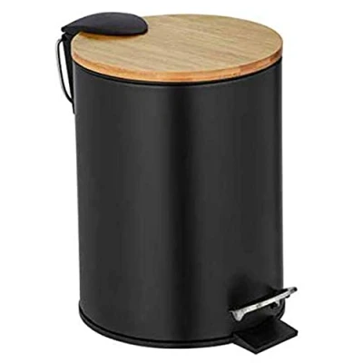 Bild av WENKO Tortona, svart hink med bambulock, 3 liter, högkvalitativ badrumskorg lätt stängande automatisk sänkning, tillverkad av rostfritt satinerat stål, 17 x 23,5 21 cm