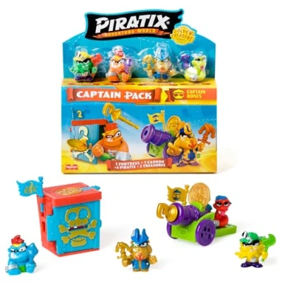 Bild av PIRATIX Golden Treasure Series Captain Pack Bones. Innehåller 4 Piratix; 1 gyllene kapten och överrasknings piratix, tillbehör, fästning, kanon, 2 exklusiva skatter flaggor.