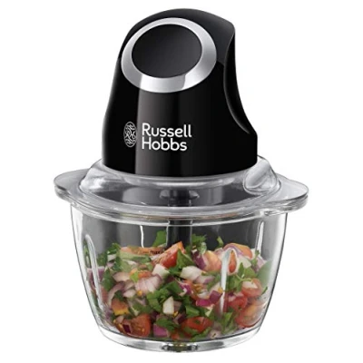Bild av Russell Hobbs elektrisk minihackare, 500ml glasskål, löstagbar 2 bladig kniv i rostfritt stål, förvaringslock medföljer, diskmaskinssäkra delar, 200W, Matte Black 24662 56