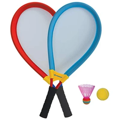 Bild av Schildkröt® Giant Racket set, Jumbo fjäderboll, två överdimensionerade badmintonracket XL med ett elastiskt nät, en mjuk boll och färgglad 970150