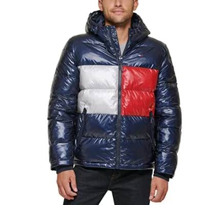 Bild av Tommy Hilfiger herr pufferjacka med huva, Pärlemorliserad marinblå flagga, L