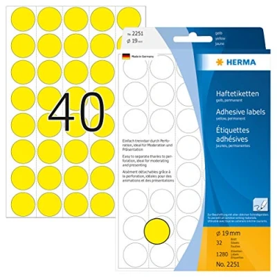 Bild av HERMA 2251 multifunktionsetiketter/runda färgade prickar (Ø 19 mm, 32 ark, papper, matt, perforerad) självhäftande, permanenta märkningspunkter för handskriven märkning, 1 280 klistermärken, gul