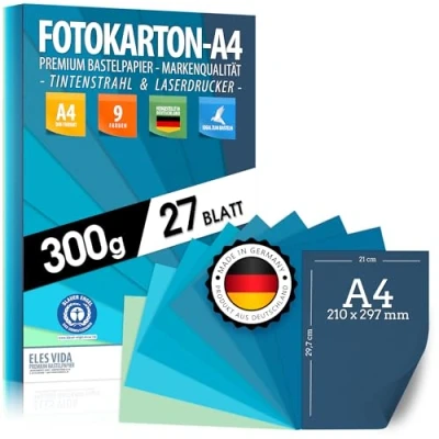 Bild av 27 ark fotokartong A4 vatten och blå toner papper 300 g/m² set om 9 färger stabilt pysselpapper färgade blad, barn gör det själv båge, marin cyan azur ocean många mix