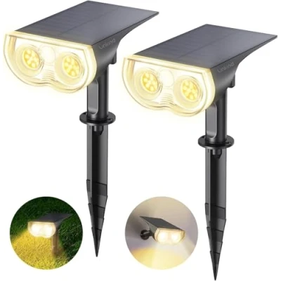 Bild av Linkind LED solcellslampor, StarRay, ljussensorik som känner av skymning och gryning, solcellslampa, IP67 vattentät, utomhusvägglampa, 650 lm, 3 000 K, varmvit solcellsbelysning, strålkastare, för garage, ingång, 2 pack
