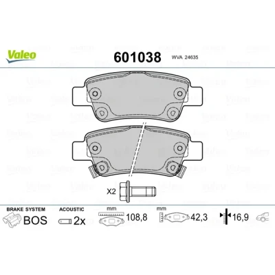 Bild av VALEO 601038 Jeu de plaquettes frein Essieu arrière contact signal d&#039;usure inclus avec kit vis fixation, tôle anti bruit