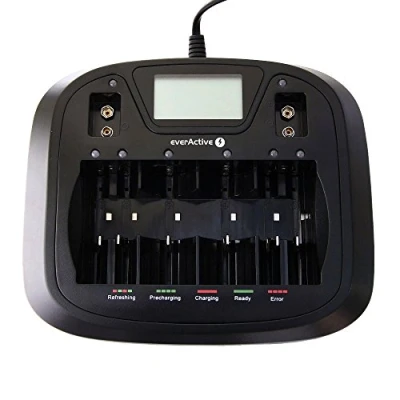 Bild av EverActive laddare för 8 batterier AAA AA C D 9 V, universell och snabb, helautomatisk, LCD med procentuell batteriindikator, modell: NC 900U