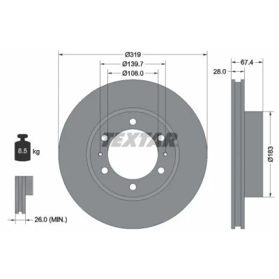 Bild av TEXTAR PRO 92274903 Disque de frein 319 28 06/08 139,7 ventilé l&#039;intérieur revêtu sans boulon fix roue, moyeu roue