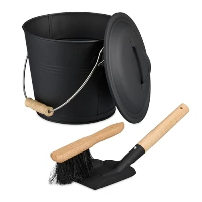 Bild av Relaxdays Askhink med lock och sopset, 4,5 l, inkl. askkvast eldstadspad, askbehållare handtag, svart