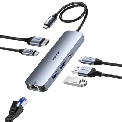 Bild av BENFEI 6 i 1 USB C hubb med HDMI (4K @60Hz), 2 A, Data, 100 W laddning, Gigabit Ethernet, trasselfri kabel silikon kompatibel MacBook Pro/Air, iPad Pro, iMac, iPhone 15 Pro/Pro Max