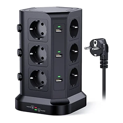 Bild av KOOSLA Torn överspänningsuttag och (4 000W/16A), elektrisk strömbrytare med 6 USB portar 12 uttag, grenuttag 3 strömbrytare, 2 m sladd, svart