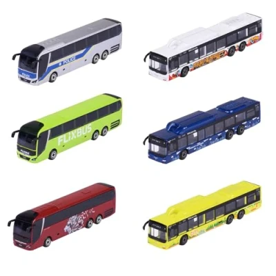 Bild av Majorette 212053159 City Bus Leksaksbuss med frihjul och fjädring, metallkaross, 13 cm lång, för barn från 3 år, leverans 1 st, flerfärgad