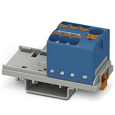 Bild av PHOENIX CONTACT PTFIX 10/6X4 NS35 BU distributionsblock, 800 V, 63 A, antal anslutningar 7, tvärsnitt 0,2 mm² 6 mm², AWG 2410, bredd 28,6 mm, blå, 8 stycken
