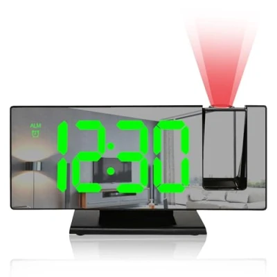 Bild av BYZESTY Projektionsväckarklocka, digital väckarklocka med projektion, LED spegel datum, temperaturvisning, snooze, 3 ljusstyrkor, USB driven projektionsklocka för sovrum