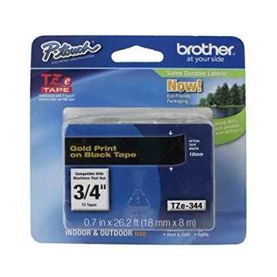 Bild av Brother TZe 344 standardlim guld på svart rulle (1,8 cm x 8 m) 1 kassett (ar) laminerad tejp för PT D600, P Touch 1880, D450, D800, E550, E800, P900, P950, EDGE P750
