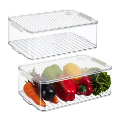 Bild av Relaxdays Kylskåpsförvaring, set om 2, kylskåpsinsatser med lock och datum, H x B D: 10,5 21 33 cm, transparent