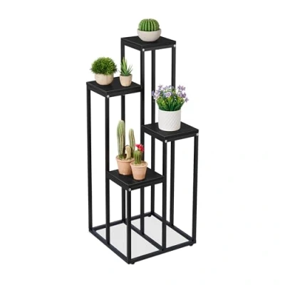 Bild av Relaxdays, svart blomkruka, 4 hyllor, H x B D: 100 40 cm, utrymmesbesparande, stål och MDF, design blomvåning