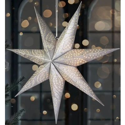Bild av BRUBAKER 60 cm Pappersjulstjärna att Hänga LED Adventstjärna för Juldekoration och Fönster Pappersstjärna 3D med Timerfunktion Hängande Ljusstjärna Tändbar Batteri Silver