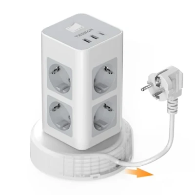 Bild av TESSAN Tornuttag med teleskopisk kabel, elektriskt grenuttag 8 uttag och 1 USB C, multikontakt strömbrytare, elblock för kontor hem, 2 m, grå